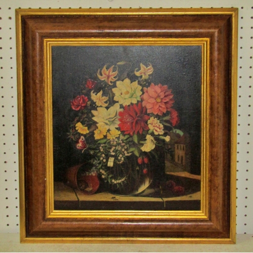 104 - Late 19th / early 20th century Dutch school, still life with floral arrangement before a doorway, le... 