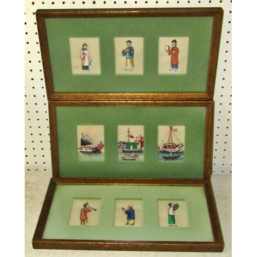 112 - Three Chinese framed groups of three Chinese paintings on pith paper (9) three detailing junks, the ... 