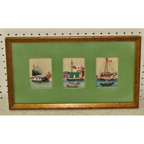 112 - Three Chinese framed groups of three Chinese paintings on pith paper (9) three detailing junks, the ... 