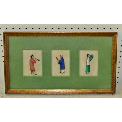 112 - Three Chinese framed groups of three Chinese paintings on pith paper (9) three detailing junks, the ... 