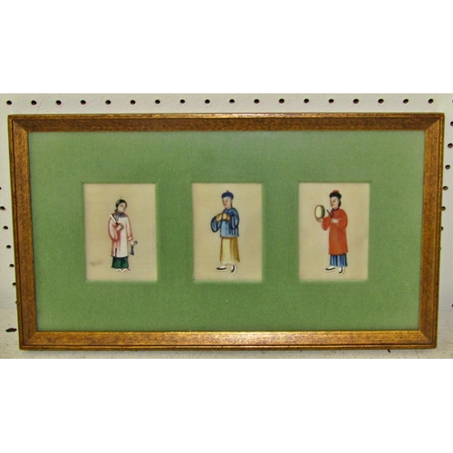 112 - Three Chinese framed groups of three Chinese paintings on pith paper (9) three detailing junks, the ... 