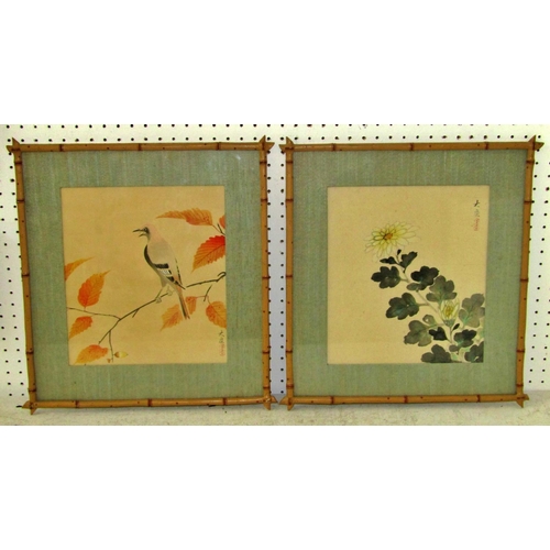 114 - Five framed Japanese watercolours, detailing birds, flowers, etc, each signed, glazes in faux bamboo... 