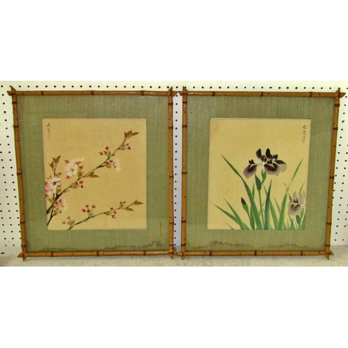 114 - Five framed Japanese watercolours, detailing birds, flowers, etc, each signed, glazes in faux bamboo... 