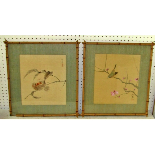 114 - Five framed Japanese watercolours, detailing birds, flowers, etc, each signed, glazes in faux bamboo... 