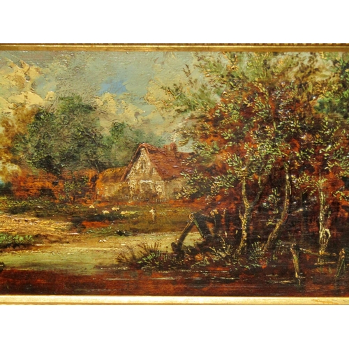 18 - After John Constable (1776-1837) lakeside cottage scene with woodland and distant figure, oil on pan... 