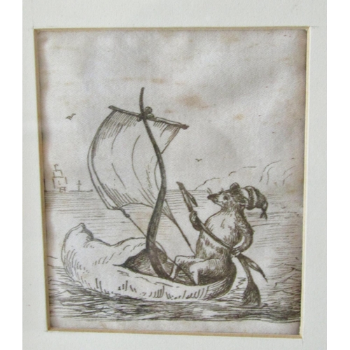 22 - Two unusual novelty drawings, one a mouse in a sail boat, the other detailing a frog riding a wading... 