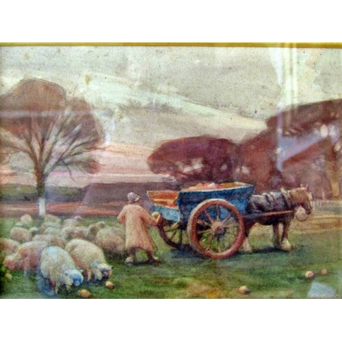 40 - 19th century English school, autumnal scene with sheep being fed from the back of a horse drawn cart... 