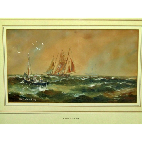 45 - Austin Smith (British, late 19th/early 20th century)  shipping scene on turbulent seas, signed and d... 