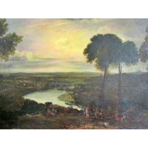 64 - After Joseph Mallord William Turner RA, revellers in landscape on a hill top beside a river leading ... 