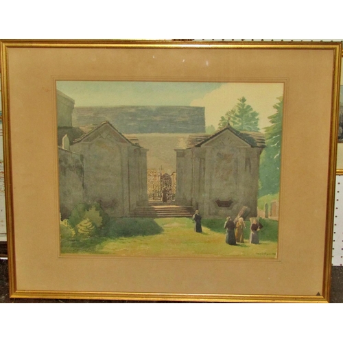 72 - Edward Pryne, British School, inter war period, monastic figures before a temple facade, watercolour... 