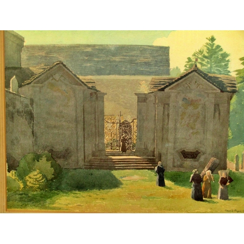 72 - Edward Pryne, British School, inter war period, monastic figures before a temple facade, watercolour... 