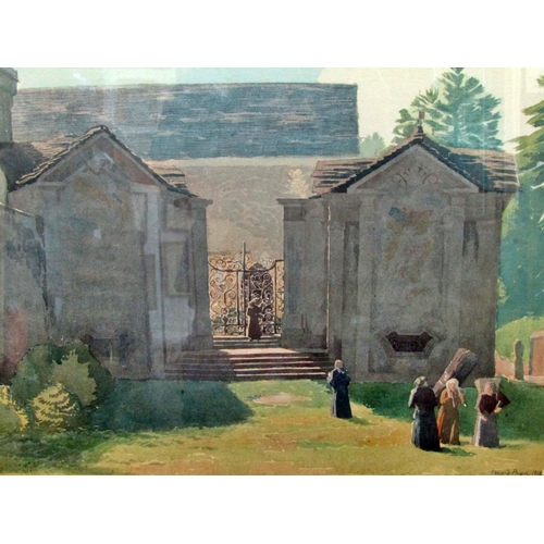 72 - Edward Pryne, British School, inter war period, monastic figures before a temple facade, watercolour... 