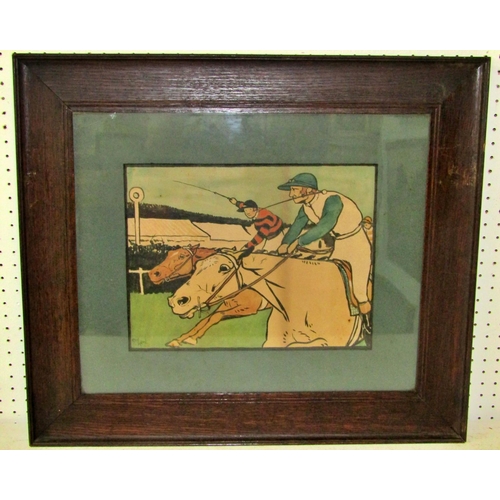 78 - Cecil Aldin (1870-1935) a series of five framed prints, figures on horse back, racing, chasing after... 