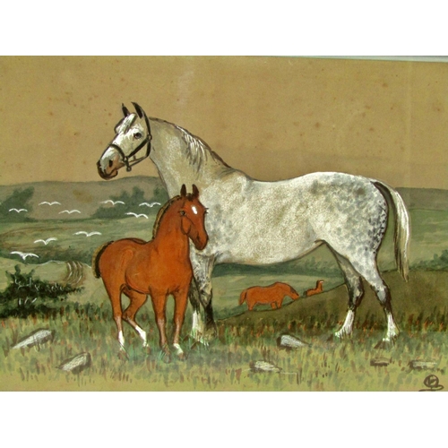 79 - Attributed to Arthur Ernest Vokes (1874-1964) horse and foal within a hilly pasture, watercolour, ch... 