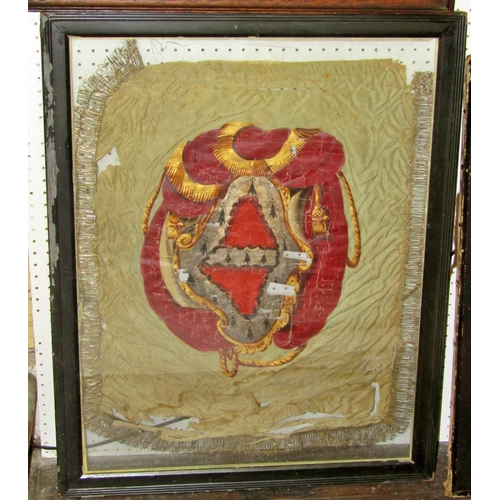 80 - A decorative 19th century case framed painted silk panel, possibly ecclesiastical / heraldic, 75 x 5... 