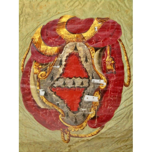 80 - A decorative 19th century case framed painted silk panel, possibly ecclesiastical / heraldic, 75 x 5... 