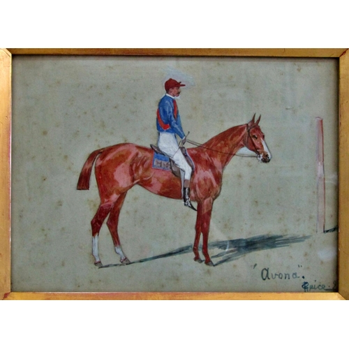 85 - George Paice (1854-1925), 'Avona', study of a racehorse and jockey in side profile, watercolour and ... 