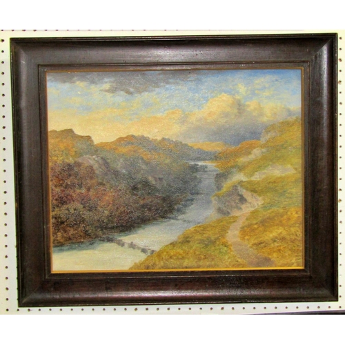 88 - Attributed to Edward H. Niemann, landscape with river dividing a hilly valley, oil on board, 35 x 45... 