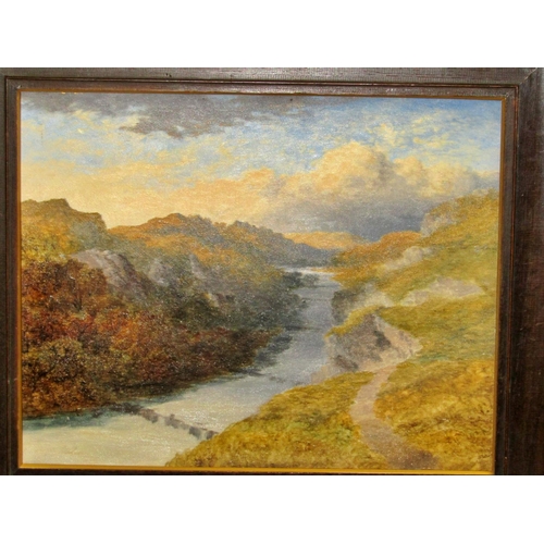 88 - Attributed to Edward H. Niemann, landscape with river dividing a hilly valley, oil on board, 35 x 45... 