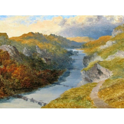 88 - Attributed to Edward H. Niemann, landscape with river dividing a hilly valley, oil on board, 35 x 45... 