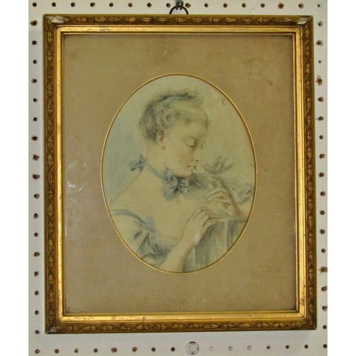 92 - An early 19th century study of a young lady in pale blue dress accompanied by a songbird, pencil and... 