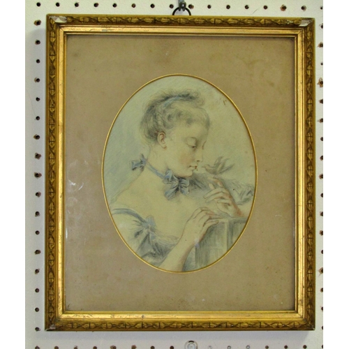 92 - An early 19th century study of a young lady in pale blue dress accompanied by a songbird, pencil and... 