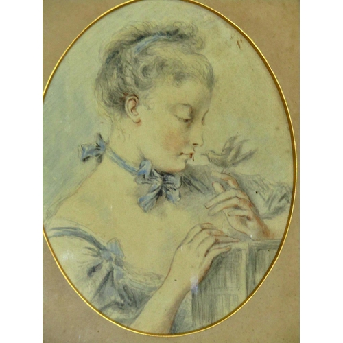 92 - An early 19th century study of a young lady in pale blue dress accompanied by a songbird, pencil and... 