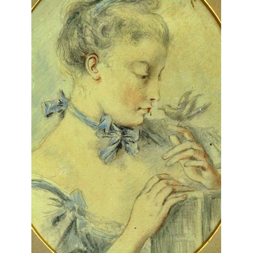 92 - An early 19th century study of a young lady in pale blue dress accompanied by a songbird, pencil and... 