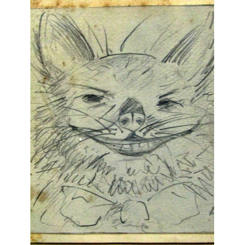 93 - In the style of Louis Wain (1860-1939), a humorous pencil sketch of a cat wearing bow tie, initialle... 