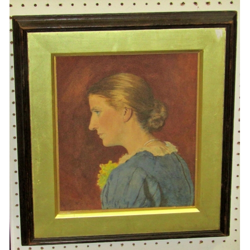 95 - 19th century English school, half length portrait of a lady in side profile, watercolour, 24 x 23 cm