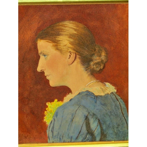 95 - 19th century English school, half length portrait of a lady in side profile, watercolour, 24 x 23 cm