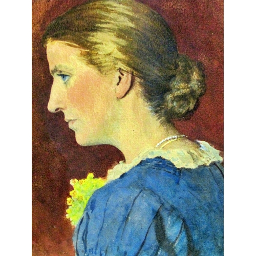 95 - 19th century English school, half length portrait of a lady in side profile, watercolour, 24 x 23 cm