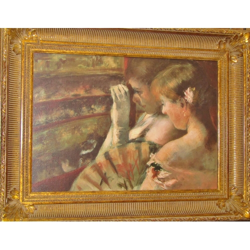 96 - A large decorative gilt framed print after an original work in oil, a visit to the opera, two young ... 