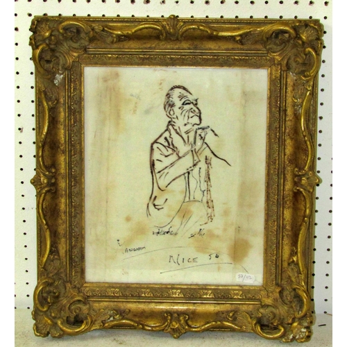 98 - Attributed to Ronald Searle (British 1920-2011) - gilt-framed 20th century sketch of a gentleman on ... 