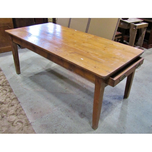 2230 - A Victorian pine farmhouse  kitchen table, fitted with a single frieze drawer, 73cm high, 180 x 88cm