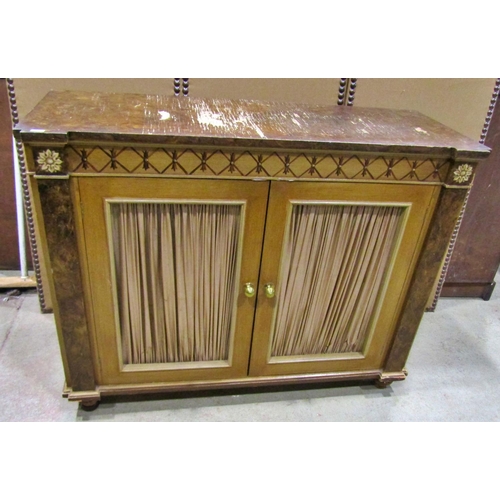 2247 - A decorative painted pine break-front hall cabinet, with simulated grain finish, a pair of panelled ... 