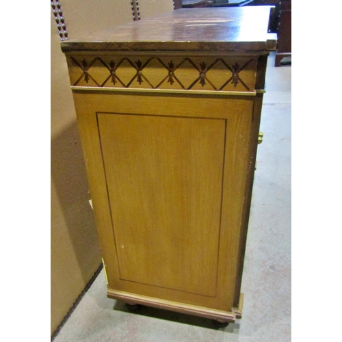 2247 - A decorative painted pine break-front hall cabinet, with simulated grain finish, a pair of panelled ... 