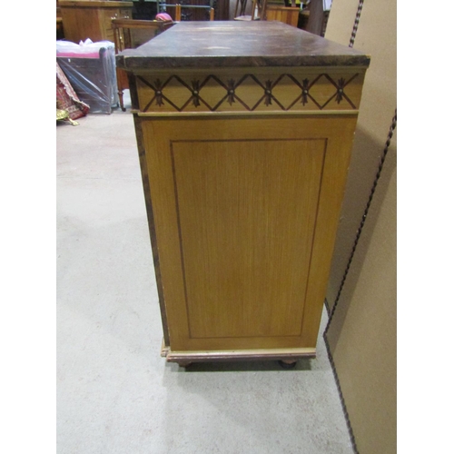 2247 - A decorative painted pine break-front hall cabinet, with simulated grain finish, a pair of panelled ... 