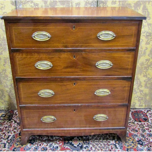 2715 - A Regency  mahogany chest of four long drawers with brass plate handles, string banded inlay and rai... 