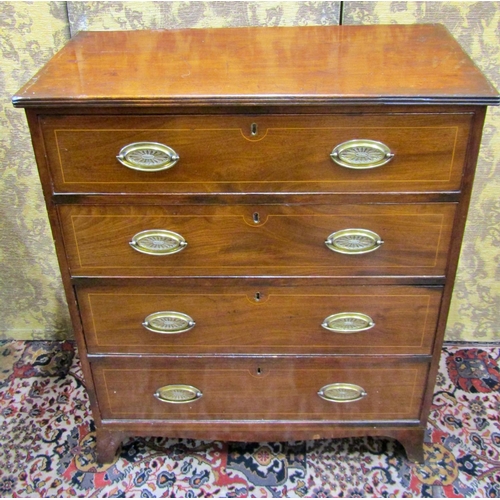 2715 - A Regency  mahogany chest of four long drawers with brass plate handles, string banded inlay and rai... 