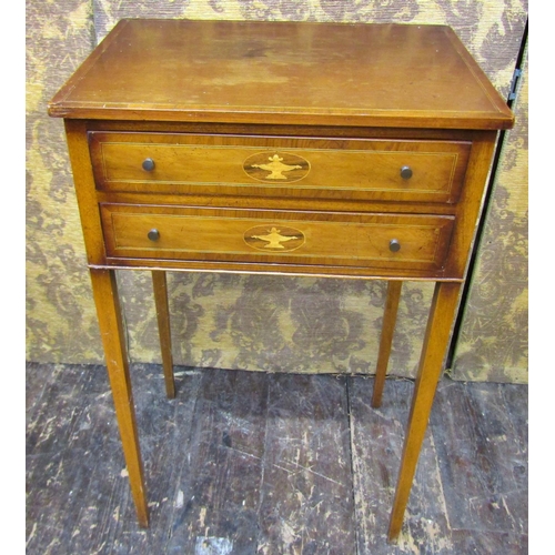 2731 - Small continental side table with two frieze drawers on square taper legs with simple marquetry inla... 