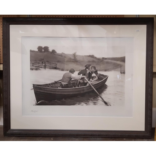 141 - An eloping couple fleeing, monochrome print, signed lower left, framed and glazed, 57 x 77cm