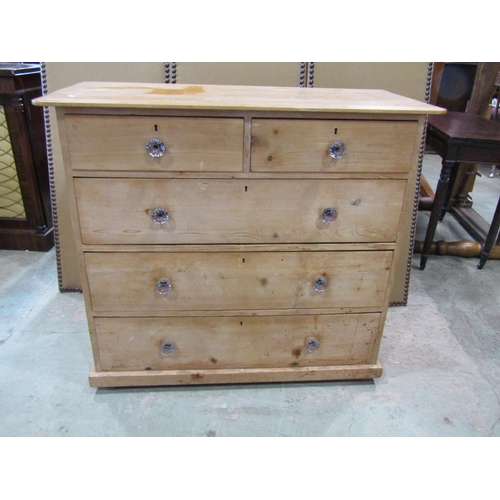 2225 - A old pale pine chest of two short and three long drawers, fitted with pressed clear glass handles, ... 