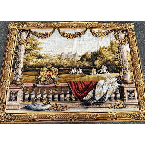 1820 - A Tapestry wall hanging of a 18th century hunting scene in the foreground and chateau in the distanc... 