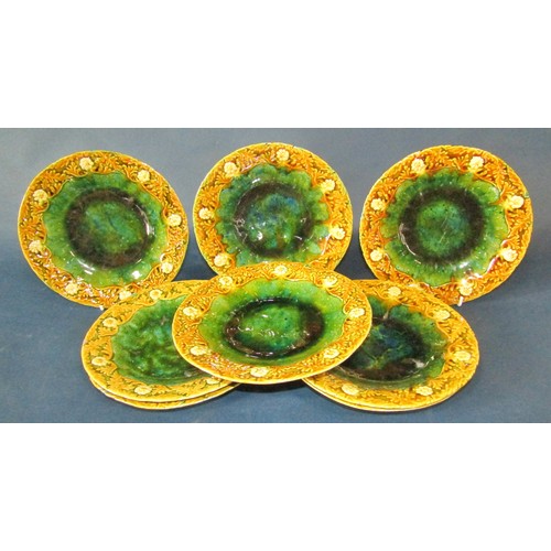 1015 - Eight Linthorpe majolica moulded plates, shape no 1896, with impressed marks to undersides, 21cm in ... 