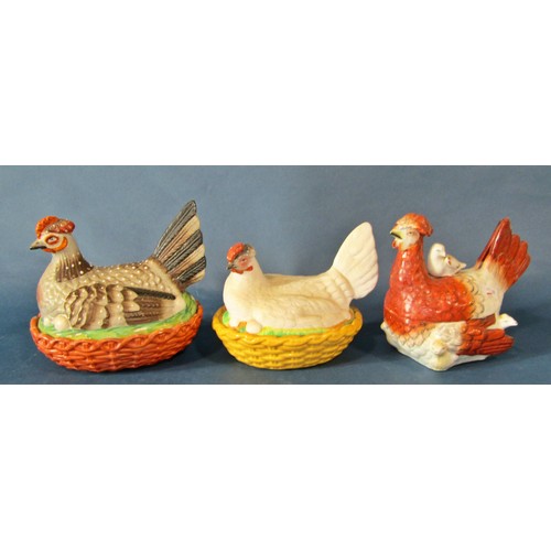 1016 - Four 19th century and later porcelain / ceramic storage jars in the form of seated hens together wit... 