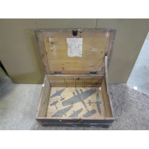 2185 - A pine WW2 period German ammunition case, with diagrams of aircraft to interior, 30 x 75 x 54cm