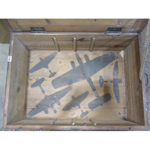 2185 - A pine WW2 period German ammunition case, with diagrams of aircraft to interior, 30 x 75 x 54cm