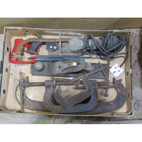 2190 - A mixed group of tools to include G clamps, a Stanley plane, a vintage guillotine, etc