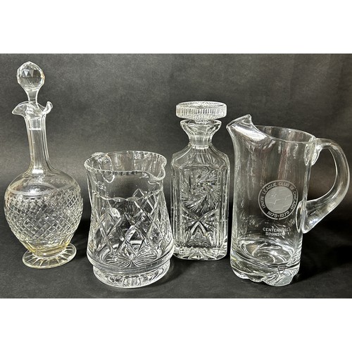 1139 - Ten Champagne flutes on slender pink stems, further flutes and wine glasses, decanters, jug, etc